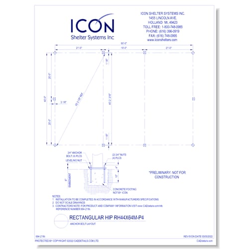Rectangular Hip RH44x64M-P4 - Anchor Bolt Layout