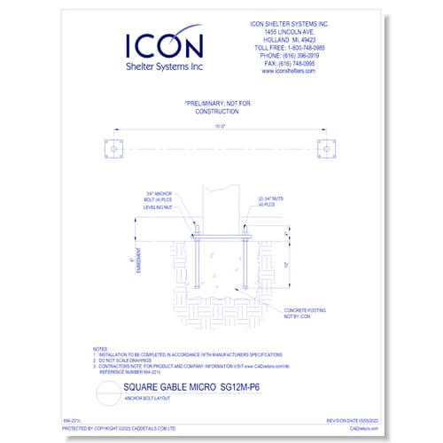 Square Gable Micro SG12M-P6 - Anchor Bolt Layout