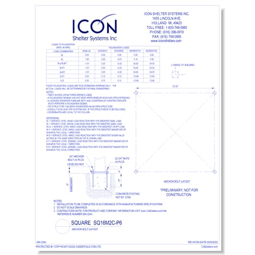 Square SQ16M2C-P6 - Anchor Bolt Layout
