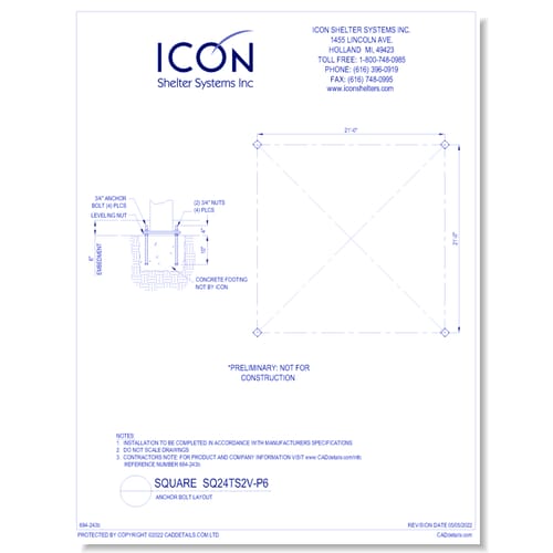 Square SQ24TS2V-P6 - Anchor Bolt Layout