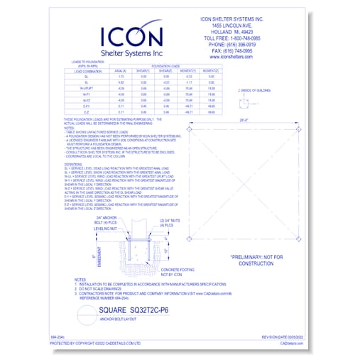 Square SQ32T2C-P6 - Anchor Bolt Layout